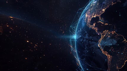 Aufkleber - Digital representation of Earth with glowing blue network lines in outer space. Concept of global communication and digital infrastructure. Ideal for themes on connectivity and space technology