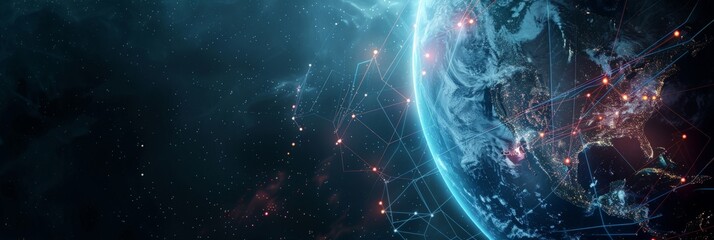 Aufkleber - Planet Earth with glowing red and blue lines in a cosmic backdrop. Concept of global digital networks and space technology. Suitable for futuristic and global connectivity themes