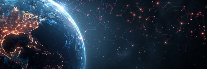 Aufkleber - Planet Earth illuminated by city lights with network lines in outer space. Concept of global connectivity and technological advancement. Suitable for technology and space exploration themes