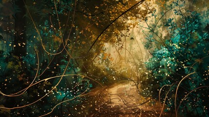 Wall Mural - Golden path through a magical forest for fantasy and nature themed designs