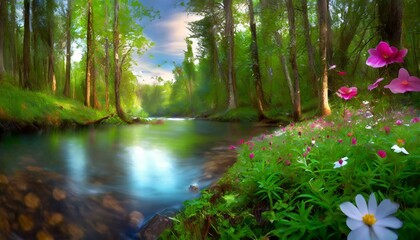 Wall Mural - Green forests with flowers growing by the water.