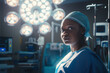 © Bonsales - African American female surgeon in operating room under bright surgical lights. She wears surgical cap and scrubs, looking focused and determined