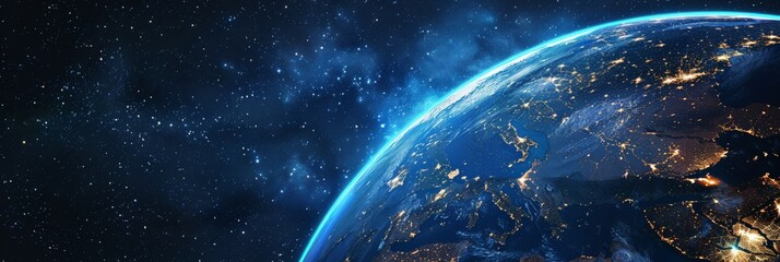 Poster - Breathtaking image of Earth from space highlighting Europe and Asia under the starry night sky. This spectacular view showcases the vibrant city lights and serene vastness of the universe. 