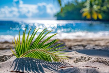 Wall Mural - Tropical beach tranquility with palm frond and pristine sands