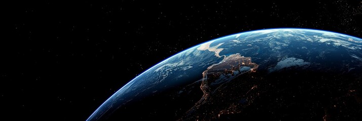 Poster - Spectacular view of Earth from space with a clear perspective of the Western Hemisphere. The image captures the delicate balance between nature and human activity visible from the city lights.