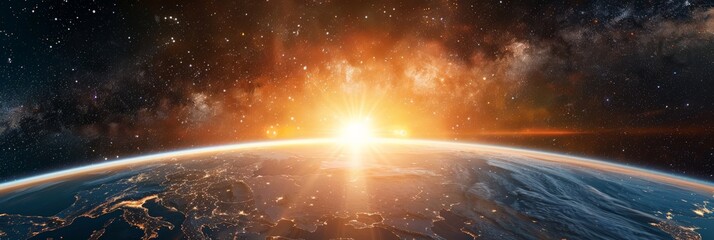 Aufkleber - Dazzling view of the sun rising over Earth from space, illuminating Europe and Asia with a golden glow. This breathtaking image highlights the unity and beauty of our planet. 