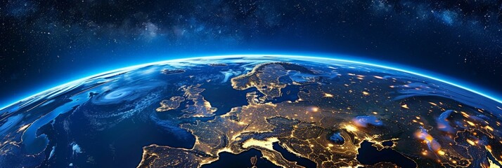 Poster - Spectacular view of Earth from space with a focus on Europe, illuminated by city lights at night. This image captures the human presence and technological advancement on our planet. 