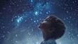 © Екатерина Чумаченко - Child looks up at the stars at night, dreaming of infinite possibilities and aspirations. Concept Dreams, Ambitions, Night Sky, Childhood, Imagination