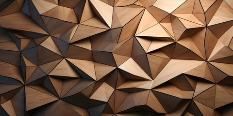 Wall Mural - Low Poly Abstract Geometric Shapes and Texture on a 3D Wooden Panel Background. Concept Geometric Shapes, Abstract Art, Low Poly Design, 3D Rendering, Wooden Panel Texture
