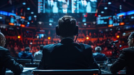 A man wearing headphones is sitting in a stadium watching a game