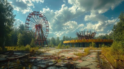 A deserted amusement park with a Ferris wheel and a carousel