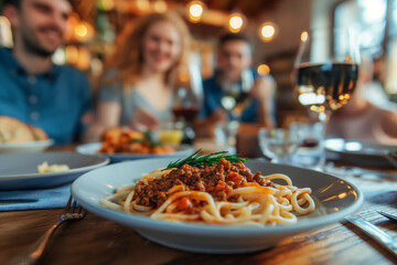 Happy group of friends eating pasta at home dinner party - Cheerful young people having lunch break together - Life style concept with guys and girls celebrating thanksgiving - Bright filter