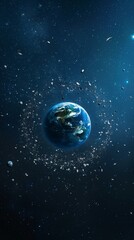 Poster - Planet Earth surrounded by space debris in orbit. Environmental impact of space junk. Concept of space pollution and sustainability.