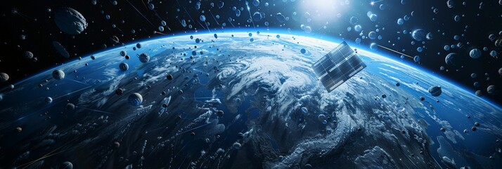 Poster - Close-up view of Earth from space with satellites and debris. Highlighting the issue of space debris and its environmental effects. Perfect for topics on space exploration and environmental awareness.