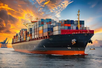 Cargo ship at sunset with containers