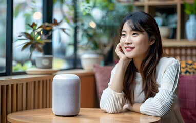 Poster - Asian woman sitting with a smart speaker on a table in a cozy cafe. Smart home assistant with Ai. Voice controlled device. Modern and future technology. Home automation concept. 