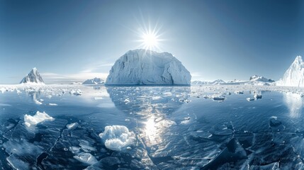 Poster - Majestic iceberg in a serene frozen landscape with sun shining. Highlights the beauty and fragility of Earth's polar regions. Perfect for topics on climate change and environmental conservation.