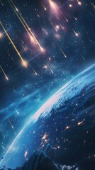 Poster - Spectacular meteor shower above Earth viewed from space. Represents the awe-inspiring events in our universe. Ideal for topics on space exploration and natural phenomena.