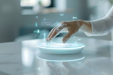 Poster - Hand using a futuristic smart device with holographic interface. Smart home assistant with Ai. Voice controlled device. Modern and future technology. Home automation concept. Close-up shot