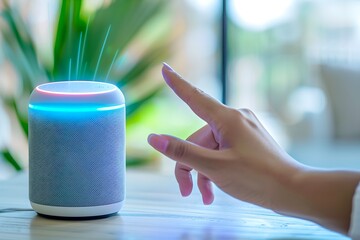 Poster - Hand interacting with a smart speaker. Smart home assistant with Ai. Voice controlled device. Modern and future technology. Home automation concept. Close-up shot