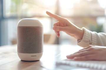 Poster - Person interacting with a smart speaker with holographic display. Smart home assistant with Ai. Voice controlled device. Modern and future technology. Home automation concept. Close-up shot