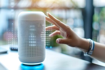 Poster - Hand interacting with a smart speaker with digital display. Smart home assistant with Ai. Voice controlled device. Modern and future technology. Home automation concept. Close-up shot