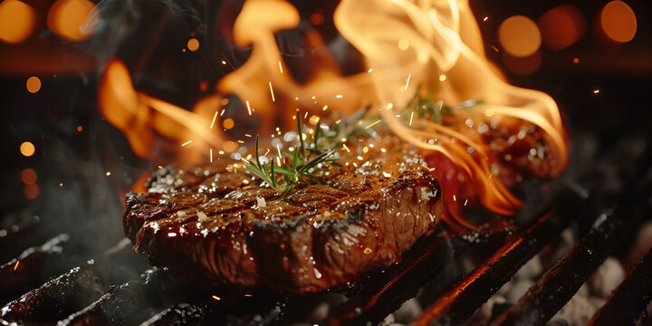 a close-up view of a steak in the process of being cooked on a grill, with a vibrant orange hue and sizzling over an open flame