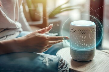Poster - Person interacting with a smart speaker with holographic display. Smart home assistant with Ai. Voice controlled device. Modern and future technology. Home automation concept. Close-up shot