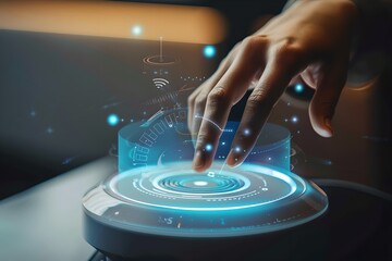 Poster - Hand interacting with a futuristic smart device with holographic display. Smart home assistant with Ai. Voice controlled device. Modern and future technology. Home automation concept. Close-up shot