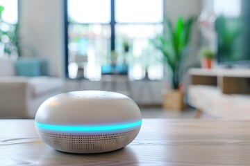 Poster - Mini smart speaker on a wooden table in a modern living room. Smart home assistant with Ai. Voice controlled device. Modern and future technology. Home automation concept.