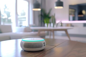 Poster - Mini smart speaker on a wooden table in a modern living room. Smart home assistant with Ai. Voice controlled device. Modern and future technology. Home automation concept.