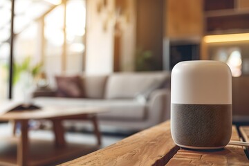 Poster - Smart speaker on a wooden table in a modern living room. Smart home assistant with Ai. Voice controlled device. Modern and future technology. Home automation concept. Banner with copy space