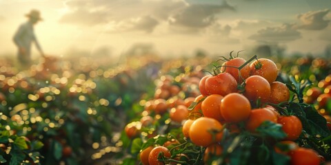 Wall Mural - A field of ripe tomatoes with a person in the background