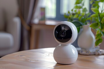 Poster - Home security camera on a wooden table in a cozy room. Smart home assistant with Ai. Voice controlled device. Modern and future technology. Home automation concept. 