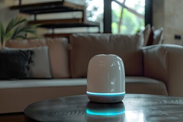 Poster - Smart speaker on a table in a cozy living room. Smart home assistant with Ai. Voice controlled device. Modern and future technology. Home automation concept. 
