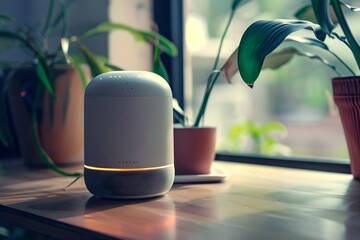 Poster - Smart speaker on a wooden table with plants. Smart home assistant with Ai. Voice controlled device. Modern and future technology. Home automation concept
