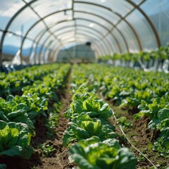 Wall Mural - A greenhouse filled with rows of lettuce