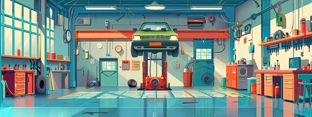 Car service and repair building or garage. Cartoon illustration.