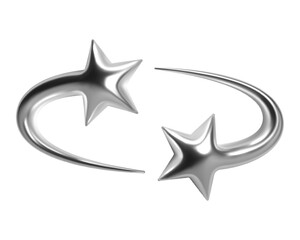 3d chrome shooting star shapes with curved tails. abstract y2k style, shiny metallic silver surface.