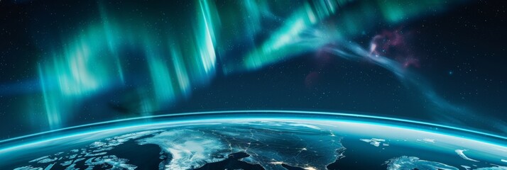 Poster - Stunning northern lights over Earth as seen from space. Capturing the vibrant colors and ethereal beauty of auroras. Perfect for topics on space, nature, and environmental science.