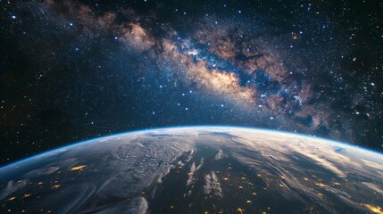 Aufkleber - Stunning view of Earth from space with the Milky Way galaxy in the background. Cosmic beauty and space exploration concept. Ideal for astronomy and science themes