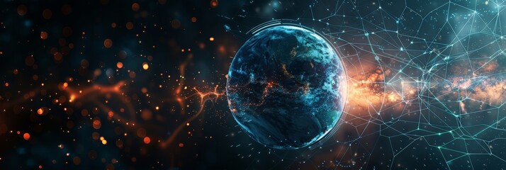 Aufkleber - Digital illustration of Earth with network connections and glowing data points, representing global communication and technology. Ideal for digital and tech themes