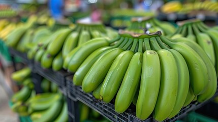 Wall Mural - Fresh Green Bananas Displayed in Bunches at Local Market