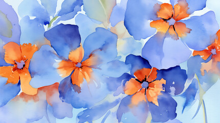 Canvas Print - Watercolor blue and orange flowers background