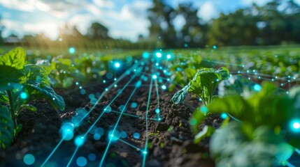 Wall Mural - A field of green plants with a blue line running through them