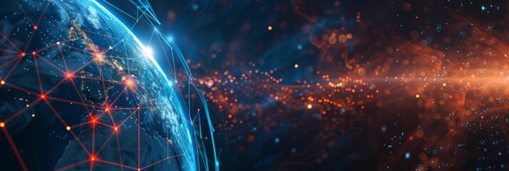 Aufkleber - Earth seen from space with network connections and glowing data points highlighting global communication. Ideal for technology and digital communication themes