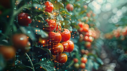 A close up of a tomato plant with many red tomatoes