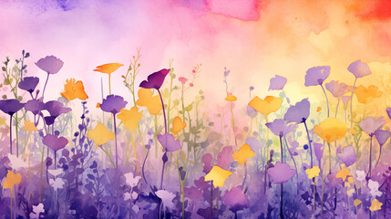 Wall Mural - Watercolor flower field, painted in shades of purple, yellow, and orange