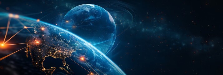 Poster - Stunning view of Earth from space highlighting Africa and Europe with visible city lights. Perfect for environmental and geographic projects
