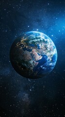 Poster - Detailed view of Earth from space highlighting Africa and Europe with city lights. Ideal for geographic and environmental projects